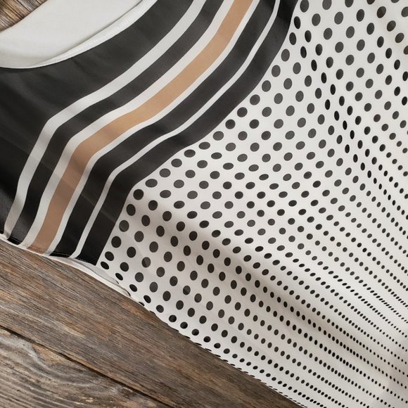 Ann Taylor MP PM Women's Black White Tan Striped Dotted Chiffon Top Blouse - Picture 2 of 5